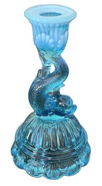 Vintage Northwood Dolphin/ Koi Candlestick Candle Holder Blue Glass Glows!